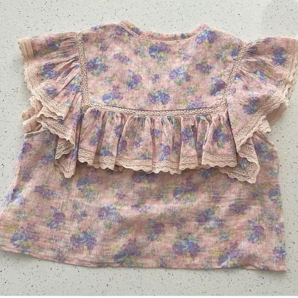 LOVESHACKFANCY Lanya Cherry Top Large Ruffle White Pink Embroidered Pink Tuscany